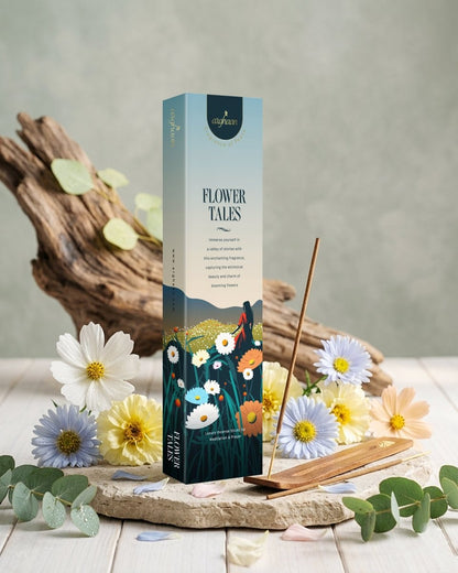 Flower Tales - A soft floral fragrance with sweet, elegant notes | 51 sticks · Charcoal-free Best for Pooja, Meditation, Prayer & Spiritual Calm -