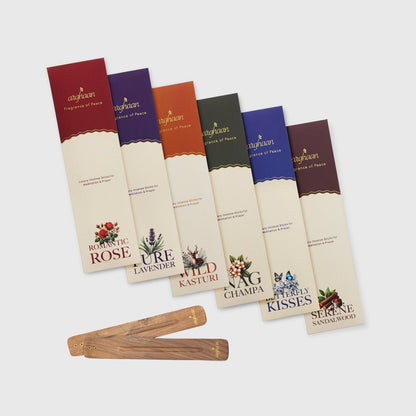 Arghaan Charcoal - Free Natural Incense Sticks Combo for Meditation, Prayer & Relaxation | 162 Sticks (27x6) with Sheesham Wood Holder | Rose, Lavender, Kasturi, Nagchampa, Sandalwood, Butterfly | Eco - Friendly Aromatherapy for Home & Office - Incense Sticks