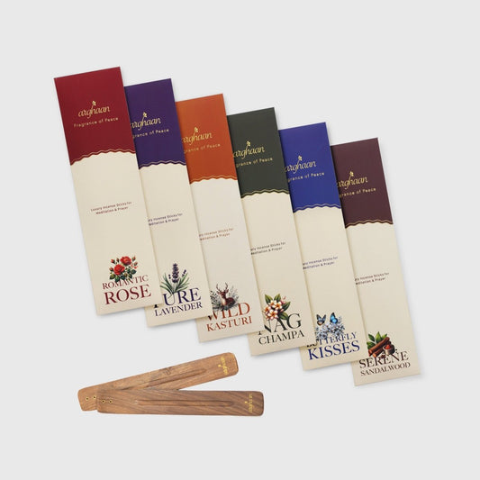 Arghaan Charcoal - Free Natural Incense Sticks Combo for Meditation, Prayer & Relaxation | 162 Sticks (27x6) with Sheesham Wood Holder | Rose, Lavender, Kasturi, Nagchampa, Sandalwood, Butterfly | Eco - Friendly Aromatherapy for Home & Office - Incense Sticks